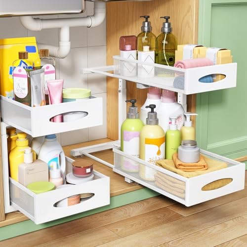Under Sink Organizer, 2 Tier Pull out Cabinet Organizer Baskets with Mesh Sliding Drawers, Slide out Storage Shelf for Home, Kitchen, Bathroom, Pantry, Office Cabinet(1 Pack, White) - Image 1