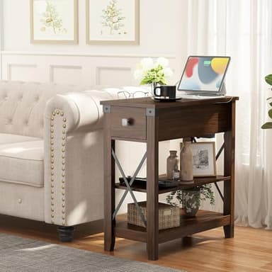 Awescuti Narrow End Table with Charging Station - Farmhouse Slim Side Table Set of 2, w/USB Ports Power Outlets, Nightstand w/Flip Top Storage Drawer, for Small Spaces Living Room Bedroom, Walnut - Image 2