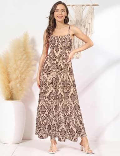Womens Dresses 2025 Spring Maxi Dress Casual Square Neck Floral Tiered Flowy Aline Vacation Beach Dress Brown Floral XXL - Image 7