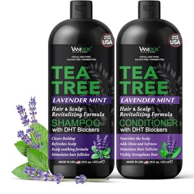 Vanidox Tea Tree Shampoo and Conditioner Set with Lavender and Mint | DHT Blockers | With 100% Pure Tea Tree Oil for Itchy, Dry Scalp | Sulfate & Paraben Free | For Men & Women | 16 fl oz Each - Image 1