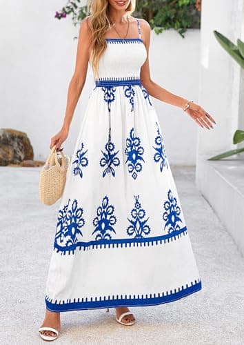 PRETTYGARDEN Summer Dress for Women 2025 Floral Sundress Spaghetti Strap Flowy Beach Vacation Boho Maxi Dresses (White Blue Floral,Small) - Image 6