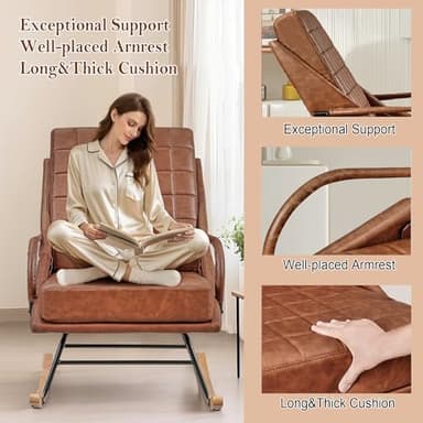 VECELO Rocking Chair Nursery, Oversize Leather Glider Rocker with Padded Cushion, Upholstered Removable High Back, Brown - Image 4