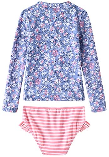 UMELOK Little Girls Rash Guard Sets Swimwear 2-Pieces Long Sleeve Swimsuit Sets Light Purple/Pink, Floral/Stripe 6Y,Little Kid - Image 2