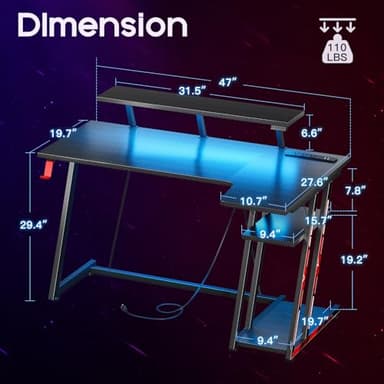MOTPK Gaming Desk with LED Lights & Power Outlets, 47 Inch L Shaped Computer Desk with Storage Shelf, & Monitor Stand, PC Gaming Table with Carbon Fiber Texture, Black - Image 3