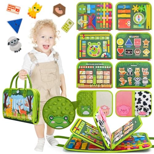 Silouka Toddler Busy Board Montessori Toys, Sensory Board Busy Book, Busy Board for Toddlers 2-4, Preschool Learning Activities with Life, Forest Animals Green, 8 Pages and 2 Pages Sensory Mats - Image 1