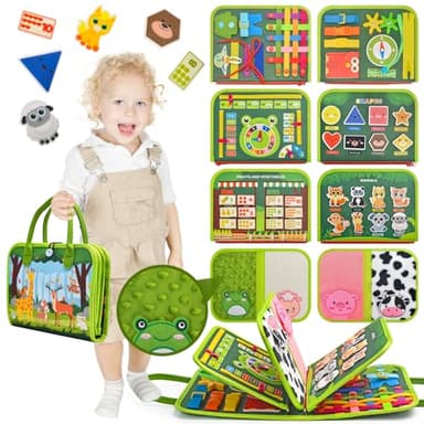 Silouka Toddler Busy Board Montessori Toys, Sensory Board Busy Book, Busy Board for Toddlers 2-4, Preschool Learning Activities with Life, Forest Animals Green, 8 Pages and 2 Pages Sensory Mats - Image 1