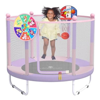 LANGXUN 60" Trampoline for Kids, 5ft Toddler Mini 3-in-1 Trampoline Indoor Outdoor with Basketball Hoop, Dart Board, Christmas Hoilday Toys Birthday Gifts for Girls Boys Age 1-8 - Image 1