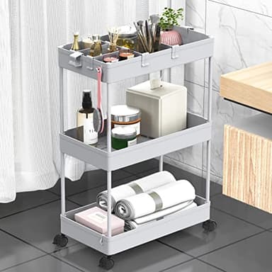SPACELEAD 3 Tier Rolling Cart with Wheels, Storage Craft Art Trolley Organizer Serving, 3 Hanging Baskets Easy Assembly, for Office, Living Room, Kitchen, Gray - Image 1