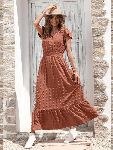 PRETTYGARDEN Womens Summer Boho Short Sleeve V Neck Ruffle Tiered Maxi Dress Swiss Dot Smocked A Line Beach Long Dresses(Orange Red,Medium) - Image 3