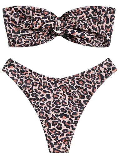 ZAFUL Women's Bandeau Bikini O Ring Strapless Tie Back High Cut Two Piece Swimsuit Bathing Suits (5-Leopard, S) - Image 2
