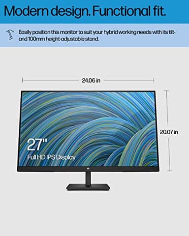 HP 27h Full HD Monitor - Diagonal - IPS Panel & 75Hz Refresh Rate - Smooth Screen - 3-Sided Micro-Edge Bezel - 100mm Height/Tilt Adjust - Built-in Dual Speakers - for Hybrid Workers,Black - Image 4