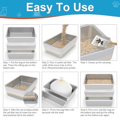Stainless Steel Sifting Litter Box,Metal Sifting Cat Litter Box for Wood Pine Pellets,Medium Sifter Litter Pan System for Small Cats,Odor Control,Easy to Clean,with Litter Boxes Liners and Metal Scoop - Image 5