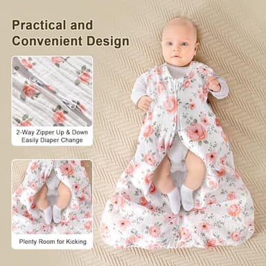 PHF 100% Muslin Cotton Baby Sleep Sacks, 12-18 Months Sleep Sack with 2-Way Zipper, 2 Pack Cooling 0.5 TOG Breathable Large Size Sleeveless Baby Wearable Blanket for Baby Girl, Floral - Image 6