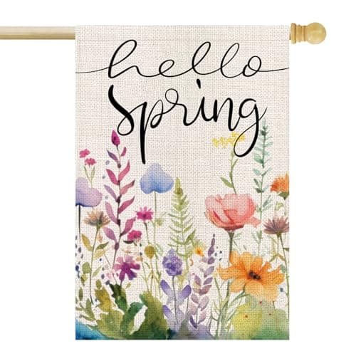 OPULANE Hello Spring House Flag Floral Leaves 28x40 Inch Double Sided Outside Large Burlap for Seasonal Yard Decoration Flag - Image 1