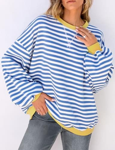 UEU Striped Sweatshirts for Women Oversized Color Block Crew Neck Sweatshirt Long Sleeve Pullover Tops Blue Striped Medium - Image 2