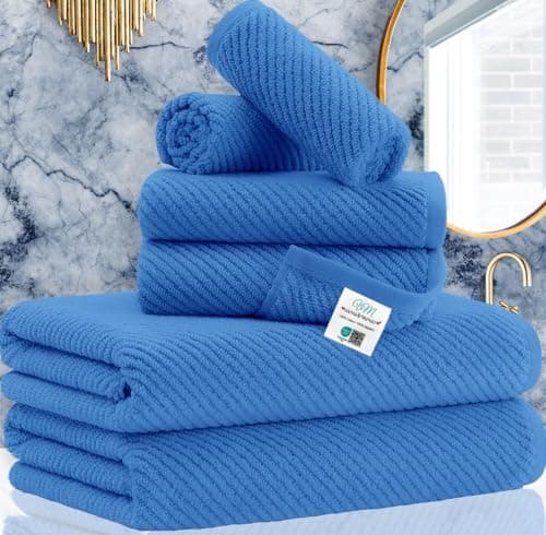 VOOVA & MOVAS Blue Towels - 100% Cotton | Quick Dry | Lightweight | Thick | Soft, 6 Piece Towels Set, 2 Large Bath 30"x56", 2 Hand 18"x28", 2 Washcloths 13"x13", Bath Towel Gift Set - Image 1