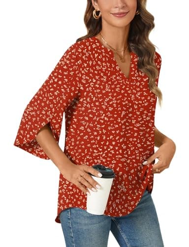 Anyally Women's Chiffon Blouses 3/4 Sleeve Summer Dressy Tunic Tops Casual Loose V Neck Plus Size T-Shirts, 3XL, Polka Dots Red - Image 2