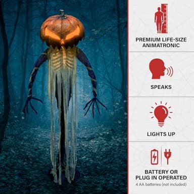 Haunted Hill Farm Pumpkin Sentinel by Tekky, Battery-Operated, Motion and Sound Activated Animatronic with Sound Effects and Lights for Indoor or Covered Outdoor Creepy Halloween Decoration - Image 3
