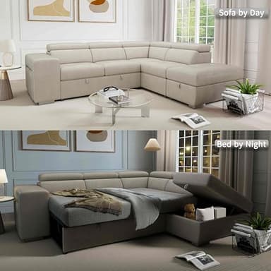 THSUPER 104'' Microfiber L Shaped Sectional Sleeper Sofa Couch with Pull Out Bed and Storage Ottoman, Convertible Couches with Adjustable Headrest for Living Room, Right Facing Chaise. Beige - Image 5