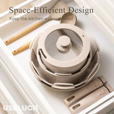 USELUCK Pots and Pans Set Healthy Non toxic Non Stick Ceramic Cookware Set 21 Pcs Detachable Handles, Oven Safe, Induction Dishwasher, Stackable Frying Pan (PFOS, PFOA Free),Taupe - Image 6