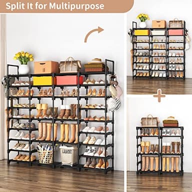 ROJASOP Large Shoe Rack Organizer for Entryway Closet 64-68 Pairs 9-Tier Heavy Duty Tall Garage Shoe Rack Shoe Shelf Shoes Storage with 18 Pcs Removable Side Hooks for Bedroom and Garage Black - Image 6