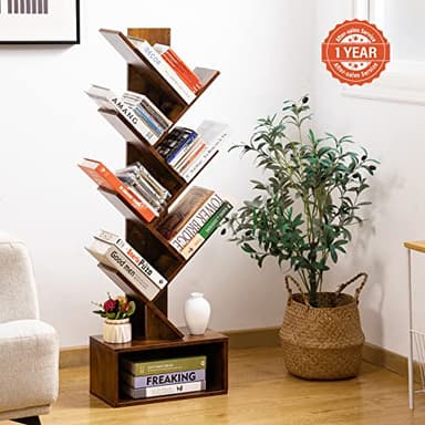 Yoobure Tree Bookshelf - 6 Shelf Retro Floor Standing Bookcase, Tall Wood Book Storage Rack for CDs/Movies/Books, Utility Book Organizer Shelves for Bedroom, Living Room, Home Office, Rustic Brown - Image 2
