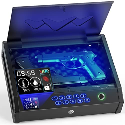 HOLEWOR Gun Safe, Biometric Safes for Pistols with LCD Display of Time Battery, Fingerprint Quick Access Handgun Safe Pistol Bedside, Nightstand, Car, 2 Capacity - Image 1