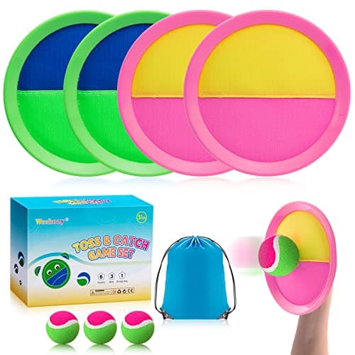 Weehoey Beach Toys - Outdoor Games for Kids, Toss and Catch Ball Set with 4 Paddles 3 Balls, Toys for 3 4 5 6 7 8+ Year Old Boys Girls Christmas Birthday Gifts (Pink and Green) - Image 1