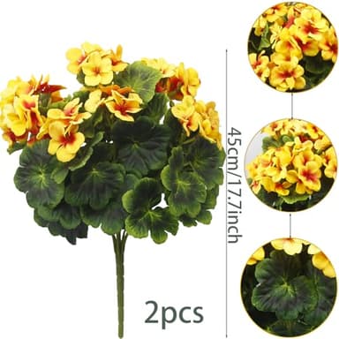 FAICOIA 2 Pcs Artificial Geraniums for Outdoor Silk Geranium Flowers Yellow Artificial Geranium Bush Faux Flowers Geraniums Branch for Garden Patio Grave Cemetary Vase Table Centerpiece Indoor Decor - Image 2