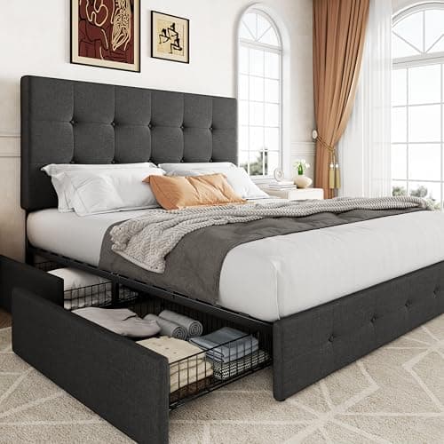 Allewie Upholstered Queen Size Platform Bed Frame with 4 Storage Drawers and Headboard, Square Stitched Button Tufted, Mattress Foundation with Wooden Slats Support, No Box Spring Needed, Dark Grey - Image 1