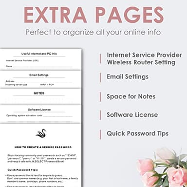 Elegant Password Book with Alphabetical Tabs - Hardcover Password Book for Internet Website Address Login - 5.2" x 7.6" Password Keeper and Organizer w/Notes Section & Back Pocket (Rose Gold) - Image 6