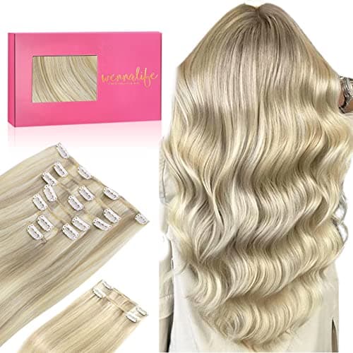 WENNALIFE Hair Extensions Clip In, 9pcs 24inch 150g Ash Blonde Highlighted Platinum Blonde Thicker Clip In Hair Extensions Real Human Hair Remy hair extension Double Weft Clip in Human Hair Extensions - Image 1