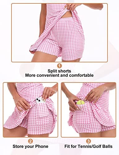 Tennis Dress for Women Classic Golf Outfits Sleeveless Athletic Dresses with Pockets and Shorts Zip Up Stand Collar Lightweight for Pink Houndstooth-S - Image 4