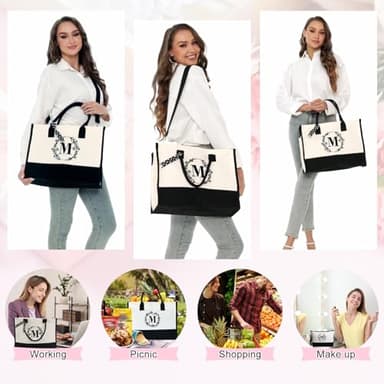 BeeGreen Women-Tote-Bag-Friend-Personalized-Gifts-Bag with 13oz Canvas & Embroidery Zipper, Unique Birthday Gifts for Mother Teacher Coworker Sister Initial Bag for Hostess S, Large - Image 7