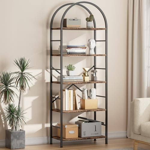 Shintenchi Bookshelf, Arched Bookshelf 5 Tier Bookcase, Tall Shelf for CDs/Books, Home Office Shelf Storage Organizer, Modern Book Shelf for Bedroom/Living Room, Rustic Brown - Image 1
