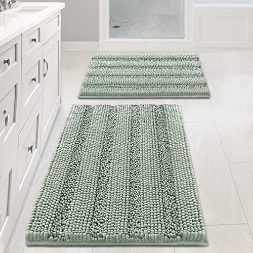 H.VERSAILTEX Sage Bathroom Rugs, Bath Mat Set of 2 Extra Thick Chenille Striped Pattern Shaggy Bath Rugs for Bath Room, Non Skid Bath Mats for Bathroom Floor (32 x 20 Plus 24 x 17 - Inches) - Image 1