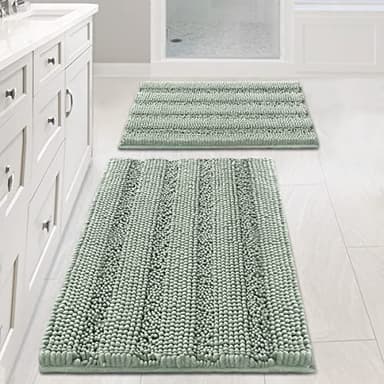 H.VERSAILTEX Sage Bathroom Rugs, Bath Mat Set of 2 Extra Thick Chenille Striped Pattern Shaggy Bath Rugs for Bath Room, Non Skid Bath Mats for Bathroom Floor (32 x 20 Plus 24 x 17 - Inches) - Image 1