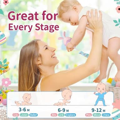 Easter Egg Bunny Baby Teether for Easter Basket Stuffers, Rabbit Egg Rattle Toy Teething for Easter Basket Essentials Infant Boys & Girls First Gifts with 2 Packs Easter Egg Pacifier Clip, 3 Months+ - Image 6