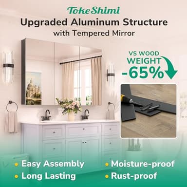 TokeShimi 24 x 32 Mirrored Medicine Cabinet Recessed or Surface Mount, Aluminum Tempered Bathroom Medicine Cabinet with Mirror with Storage Black Stepless Adjustable Metal Shelves Farmhouse - Image 5