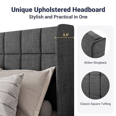 Allewie Queen Size Platform Bed Frame with Wingback, Fabric Upholstered Square Stitched Headboard and Wooden Slats, Mattress Foundation, Box Spring Optional, Easy Assembly, Dark Grey - Image 6