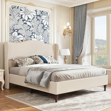 koorlian Full Size Bed Frame Upholstered Platform Bed with 51" Tall Headboard Wingback, Soft Fabric, Retro Simple Style Platform Bed No Box Spring Needed, Easy Assembly, Beige - Image 5