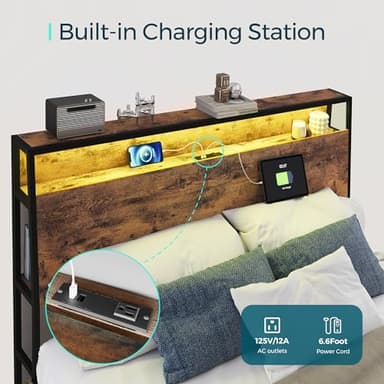 LINSY Queen Bed Frame with Ergonomic Headboard, Fast Assembly Metal Industrial Bed Frame with Lights & Charging, 14 inch Bed Queen Size with Storage, No Box Spring Needed, Rustic Brown - Image 5