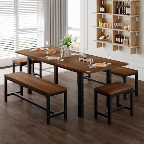 Feonase 5-Piece Dining Table Set for 4-8 People, 63" Extendable Kitchen Table with 2 Benches and 2 Square Stools, Mid-Century Modern Wooden Dining Room Table, Space-Saving, Walnut - Image 1