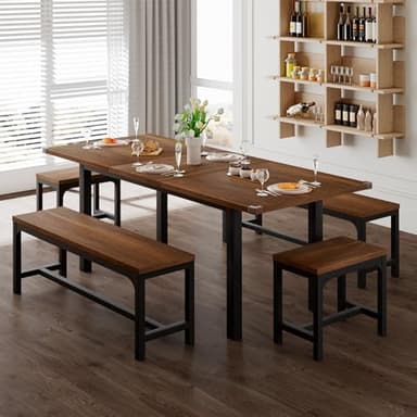 Feonase 5-Piece Dining Table Set for 4-8 People, 63" Extendable Kitchen Table with 2 Benches and 2 Square Stools, Mid-Century Modern Wooden Dining Room Table, Space-Saving, Walnut - Image 1