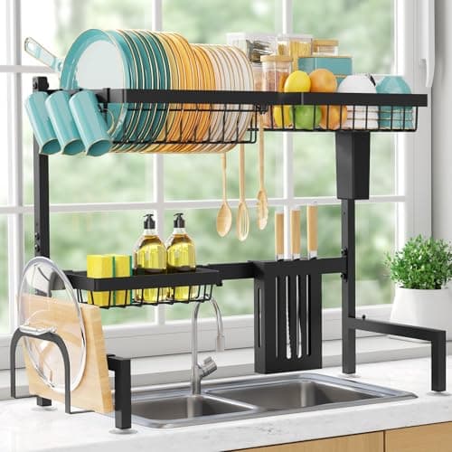 Sakugi Over The Sink Dish Drying Rack - Adjustable 2 Tier Large Capacity Stainless Steel Drainer with Cutlery & Utensil Holders, Kitchen Storage & Organization, 30"-33.9" L x 11" W x 21.5" H, Black - Image 1