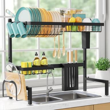 Sakugi Over The Sink Dish Drying Rack - Adjustable 2 Tier Large Capacity Stainless Steel Drainer with Cutlery & Utensil Holders, Kitchen Storage & Organization, 30"-33.9" L x 11" W x 21.5" H, Black - Image 1