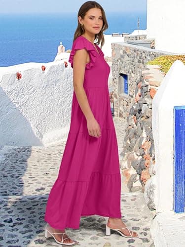 ANRABESS Womens Summer Casual Maxi Dress V Neck Ruffle Sleeve Long Dresses Fashion Flowy Tiered Boho Beach Vacation Sundress Hot Pink X-Large - Image 4