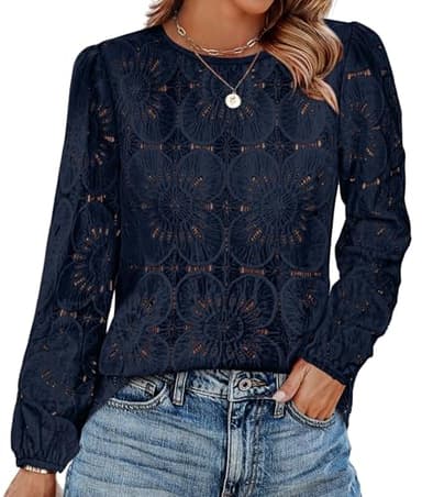 Boho Tops for Women Trendy Lace Crochet Early Fall Fashion Long Sleeeve Shirts Dressy Blouses Business Casual Outfits Travel Vacation Navy M - Image 1