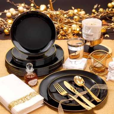 Supernal 350pcs Black & Gold Plastic Dinnerware Set, Elegant Black Plates with Golden Edges, Gold Plastic Silverware, Durable Tableware Perfect for Birthdays, Parties, Wedding, Celebration - Image 5