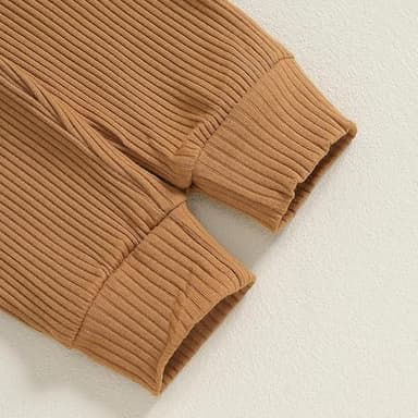 fhutpw Baby Boy Clothes 3 6 12 18 Months Ribbed Knitted Long Sleeve Romper and Pants Sets Newborn Fall Splicing Color Outfits (White&Khaki, 0-3 Months) - Image 7